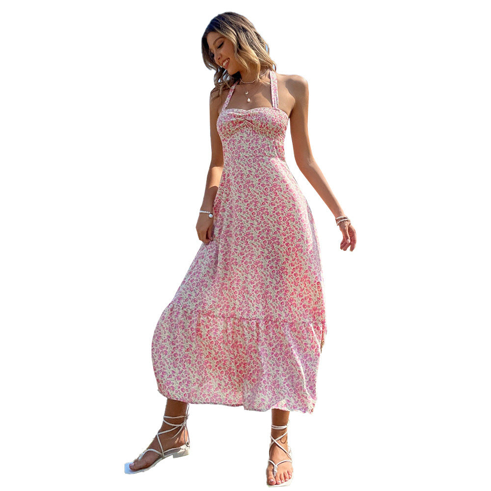 European and American sexy hanging neck sleeveless dress floral long skirt woman