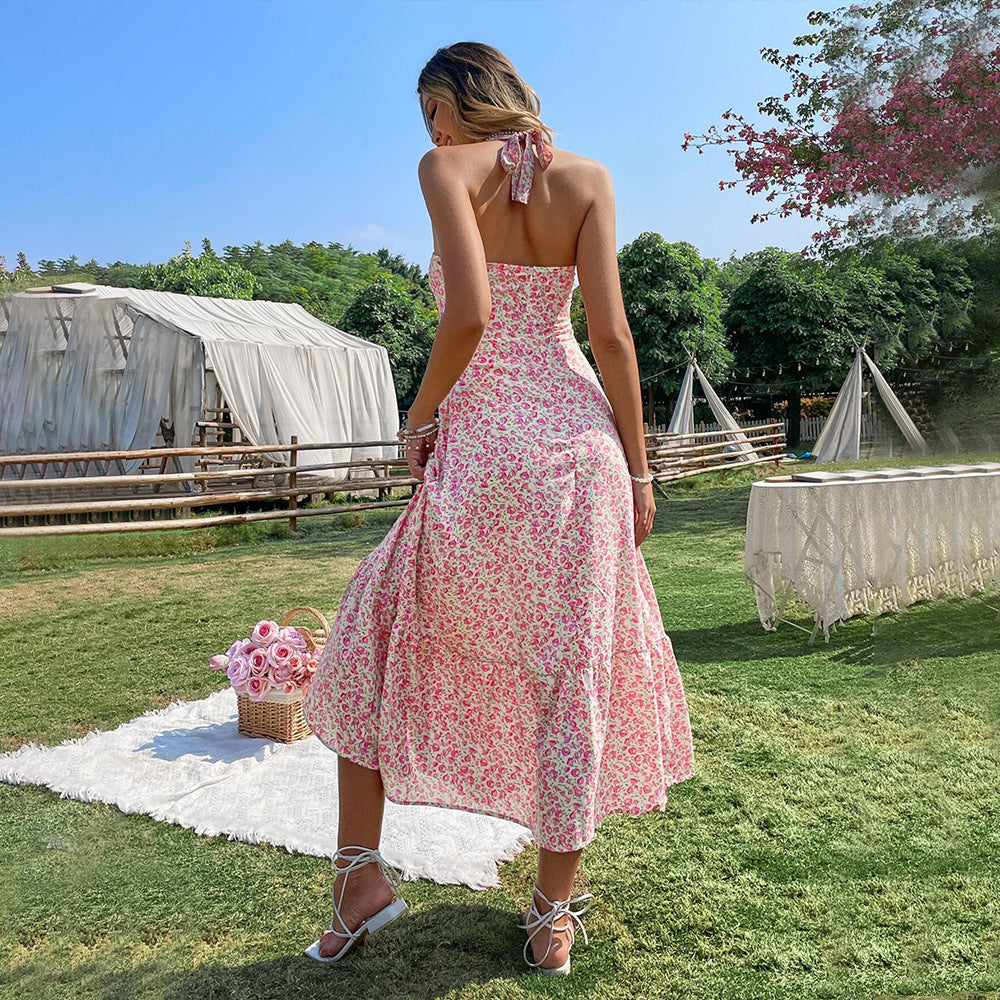 European and American sexy hanging neck sleeveless dress floral long skirt woman