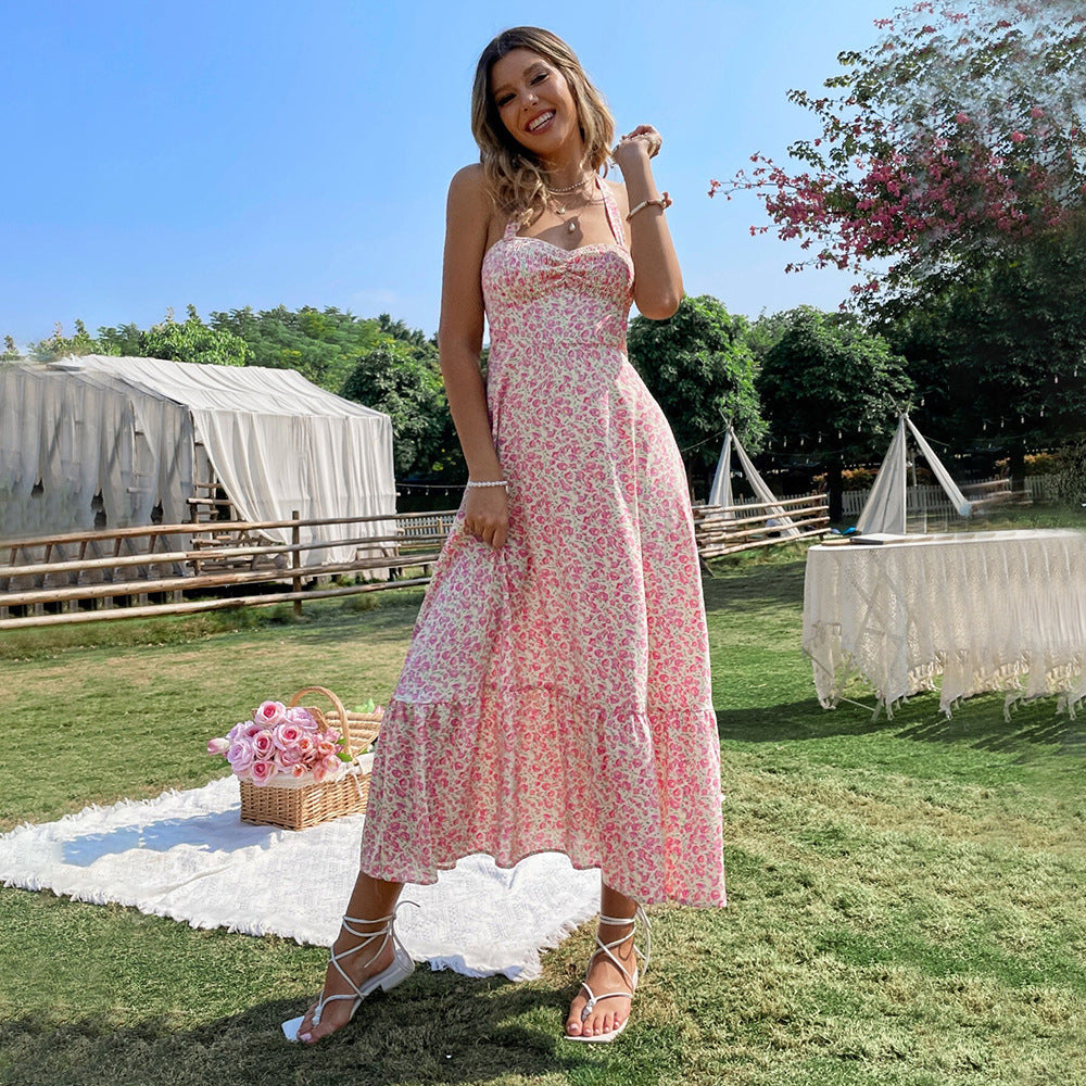 European and American sexy hanging neck sleeveless dress floral long skirt woman