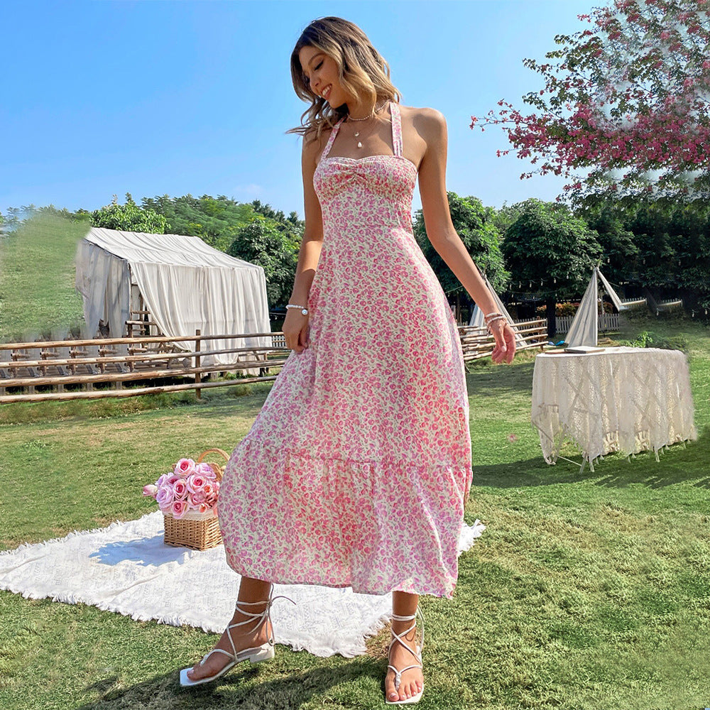 European and American sexy hanging neck sleeveless dress floral long skirt woman