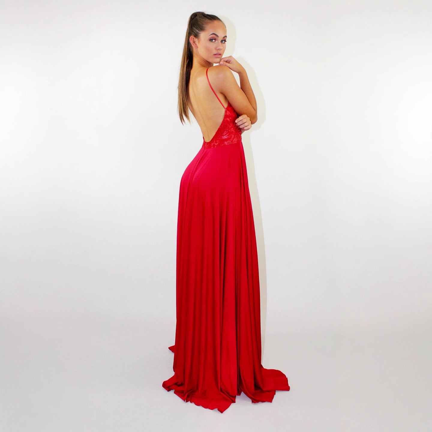 Women's dress with tie-back, open back, solid color, slit, hollow-out, sexy evening gown
