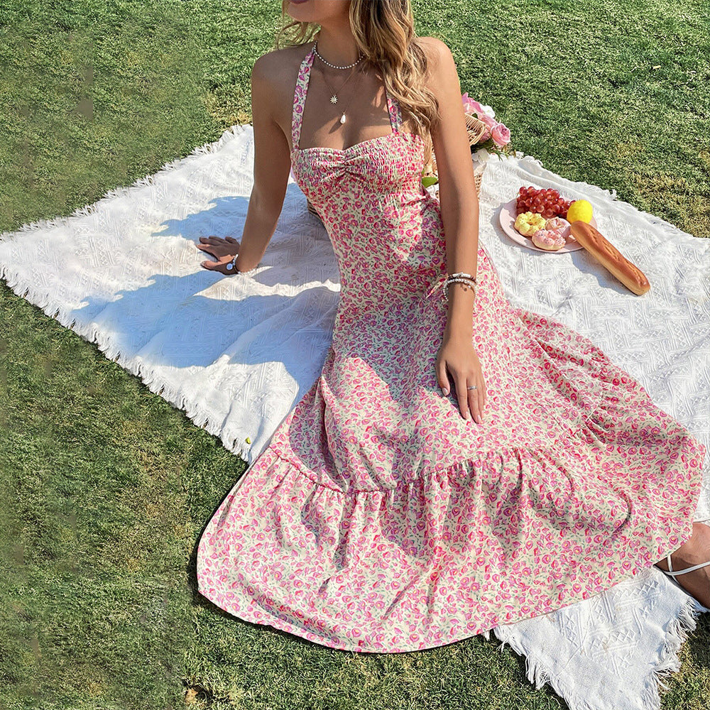 European and American sexy hanging neck sleeveless dress floral long skirt woman